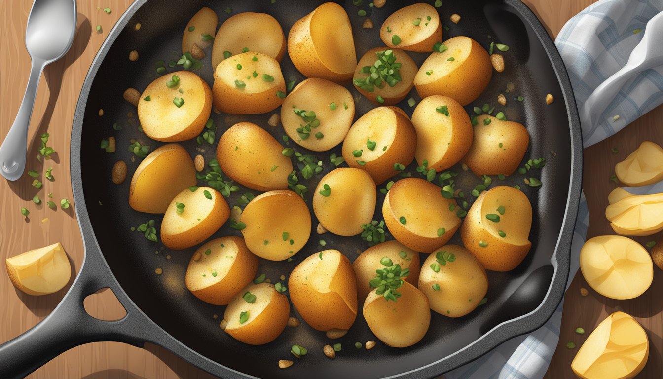 A sizzling skillet of golden breakfast potatoes with visible specks of a secret spice blend sprinkled on top