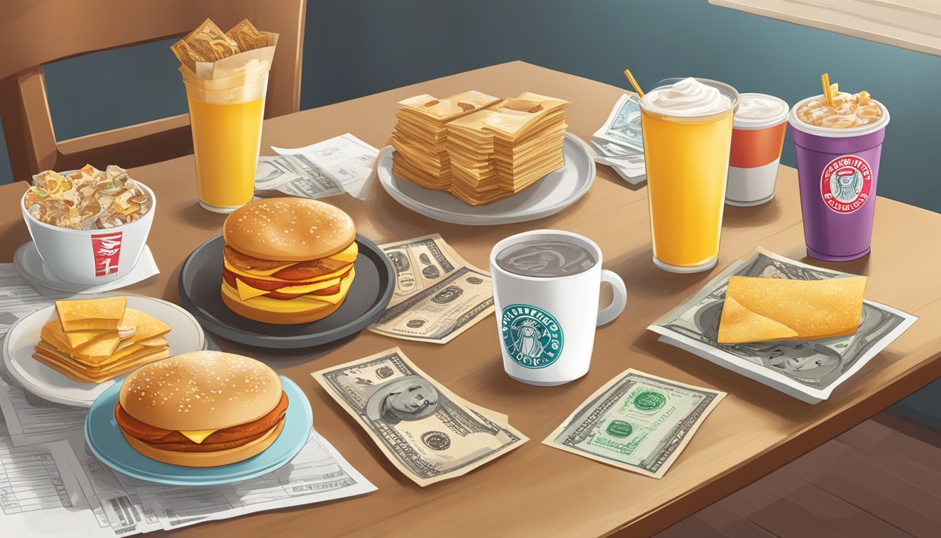 A table with a tray of 11 different Wendy's breakfast items, including a Frosty-ccino, surrounded by various money-saving coupons and offers