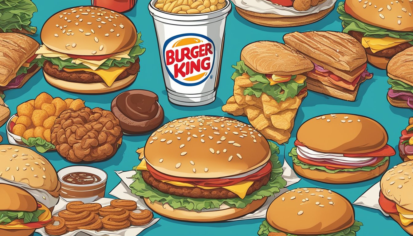 A vintage Burger King ad featuring the iconic Croissan'wich, surrounded by various breakfast items and a bold 1980s color palette