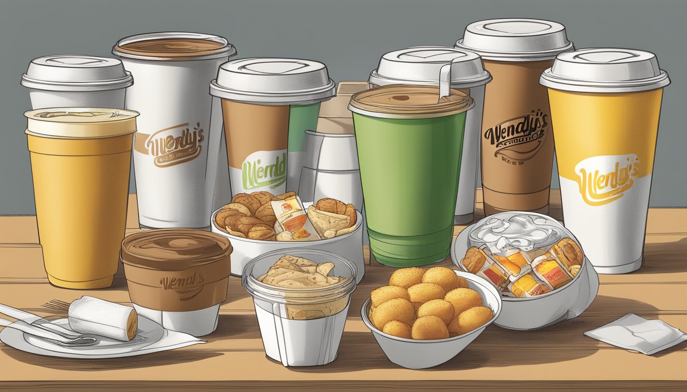 A table with a variety of reusable cups filled with Wendy's breakfast items, surrounded by eco-friendly packaging and utensils