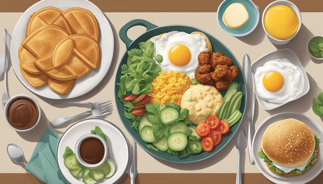 A table set with a variety of vegetarian breakfast options at Wendy's, surrounded by eco-friendly utensils and reusable containers