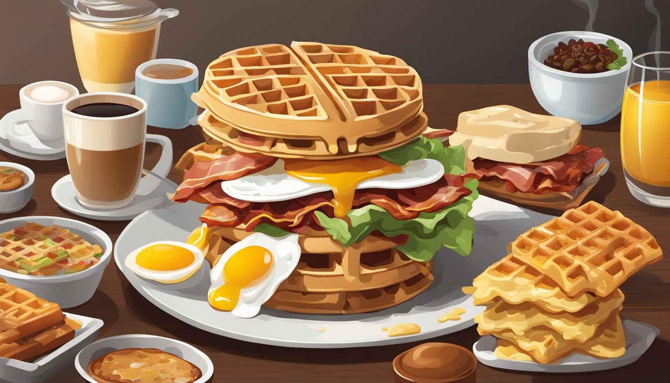 A maple waffle sandwich surrounded by a variety of breakfast items, such as eggs, bacon, and hash browns, with a mix of sweet and savory elements