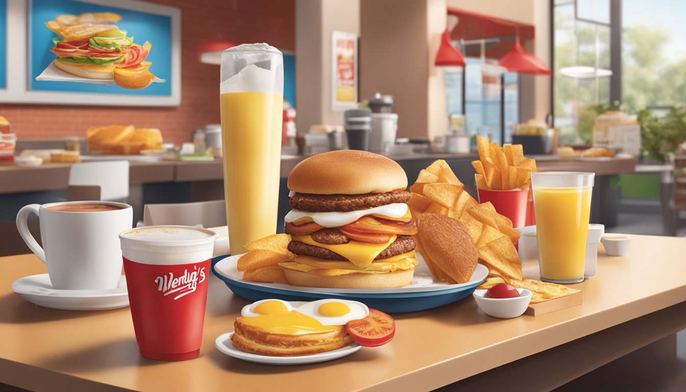 A breakfast scene with various Wendy's breakfast items and a rewards program sign displayed prominently