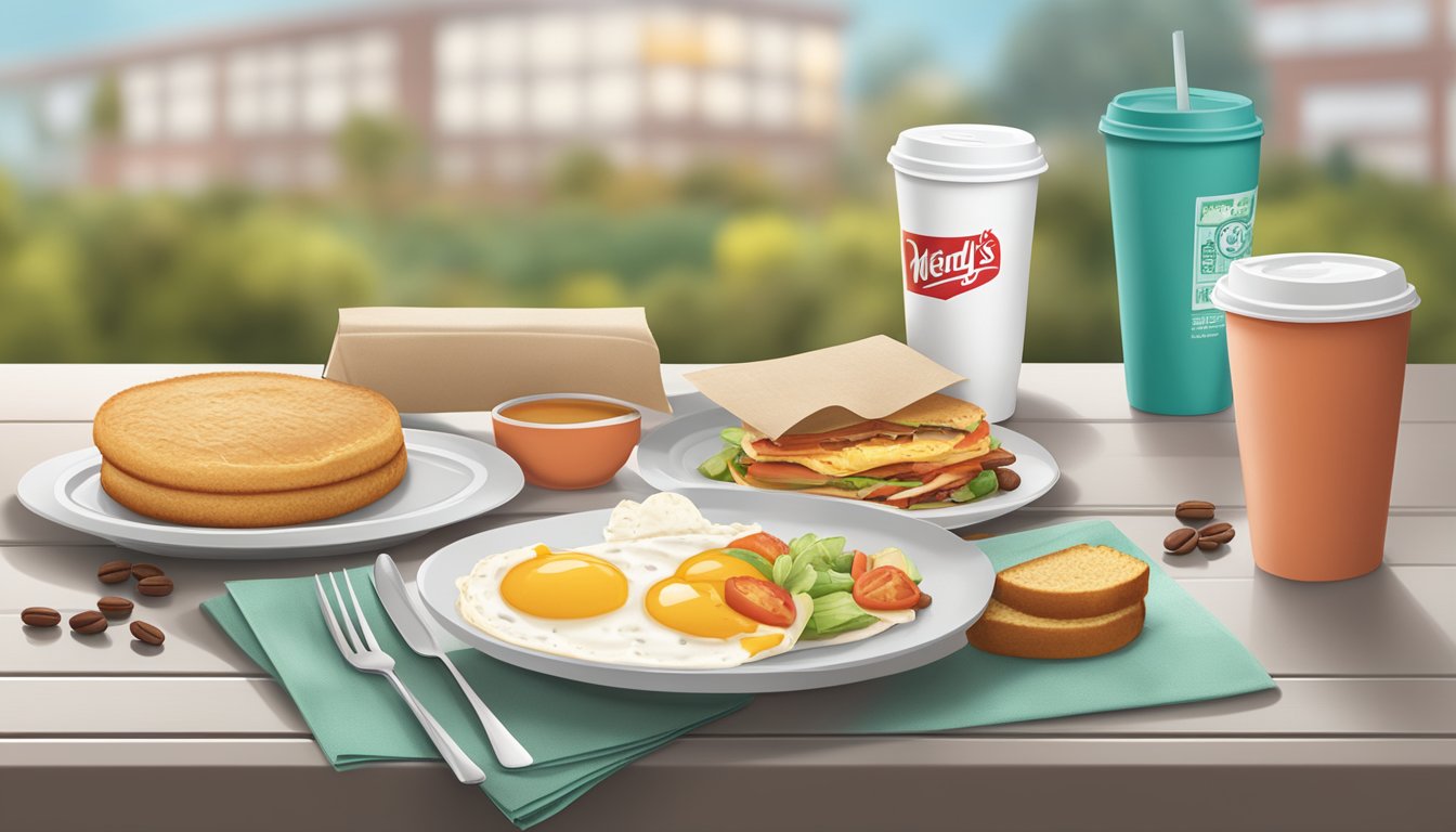 A table set with reusable utensils next to a breakfast spread at Wendy's, with a reusable coffee cup and eco-friendly napkins