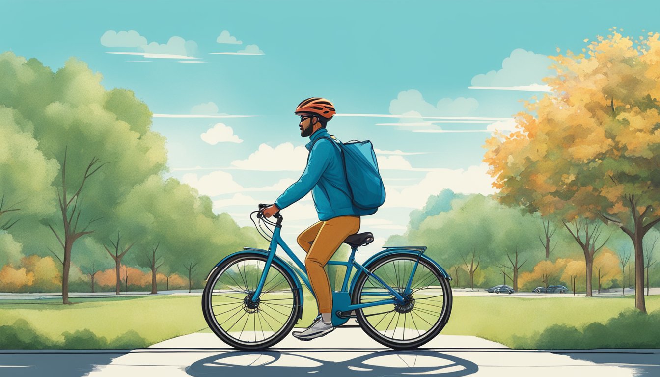 A person cycling to Wendy's with a reusable bag, passing by trees and a clear blue sky