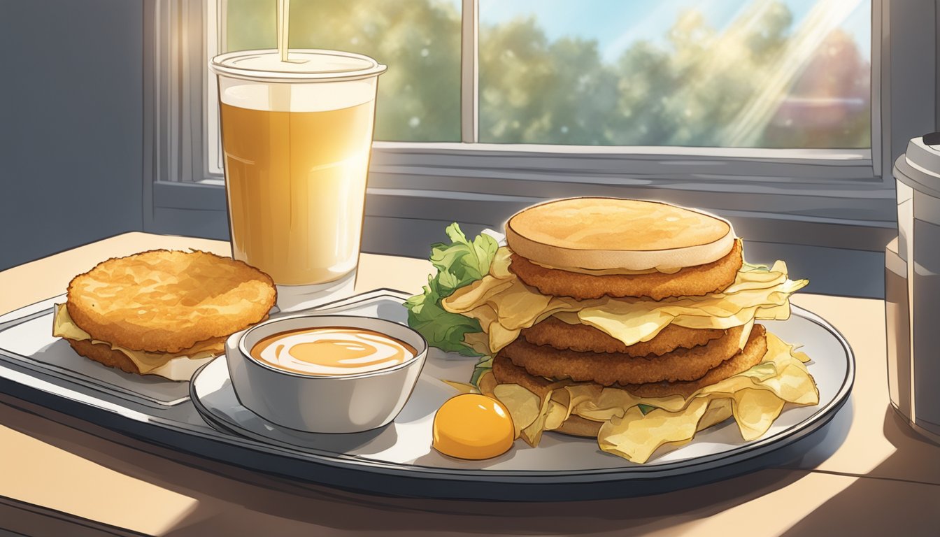 A plate of crispy hash browns sits next to a breakfast sandwich and coffee on a BK tray. Sunlight streams through the window onto the table