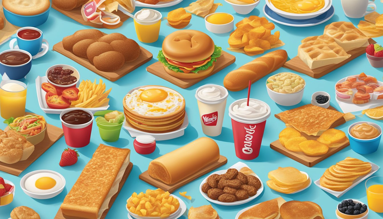 A colorful display of breakfast items at Wendy's, featuring combo deals and various ways to save money, with enticing food illustrations and price tags