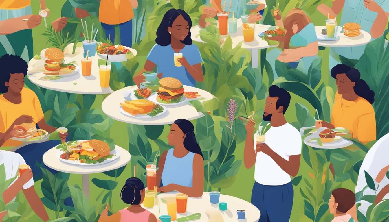 A group of people enjoying their Wendy's breakfast with reusable straws and eco-friendly utensils, surrounded by vibrant greenery and wildlife