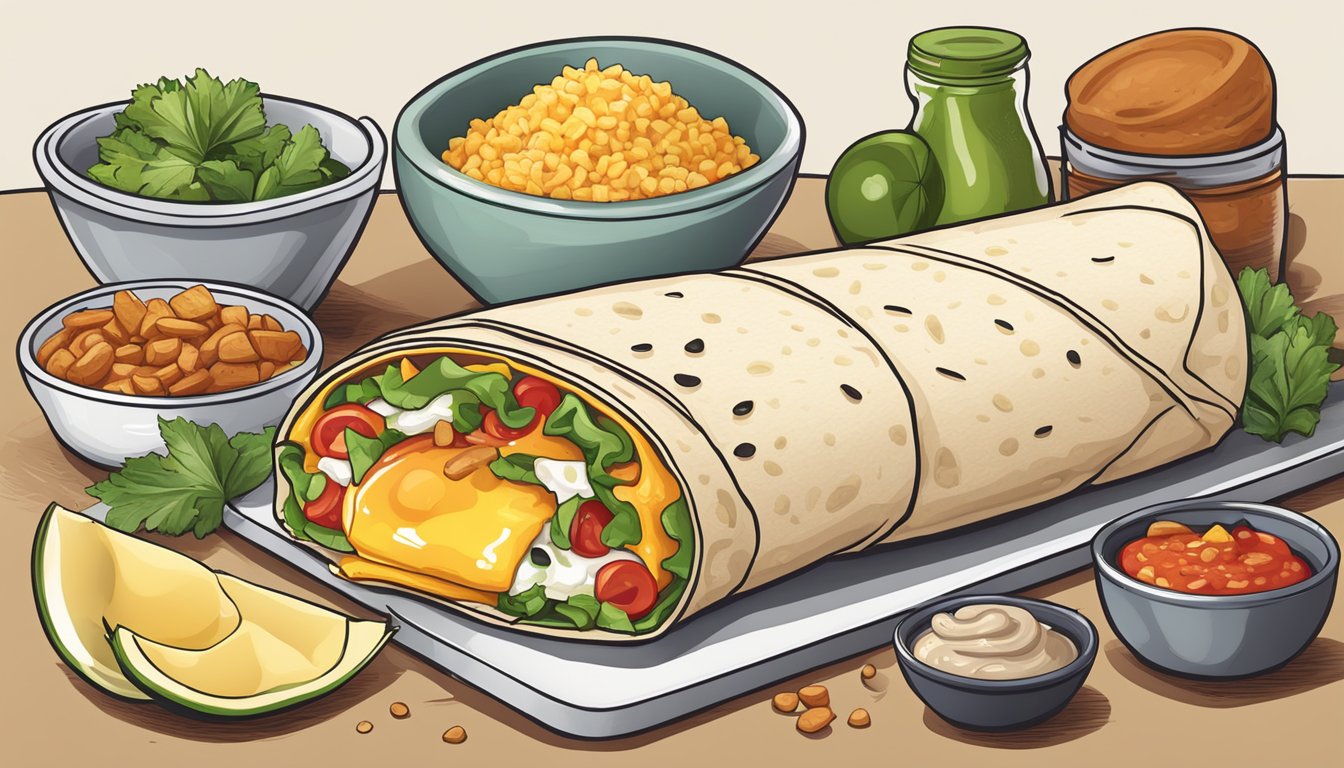 A breakfast burrito with various ingredients spread out on a table, ready to be customized