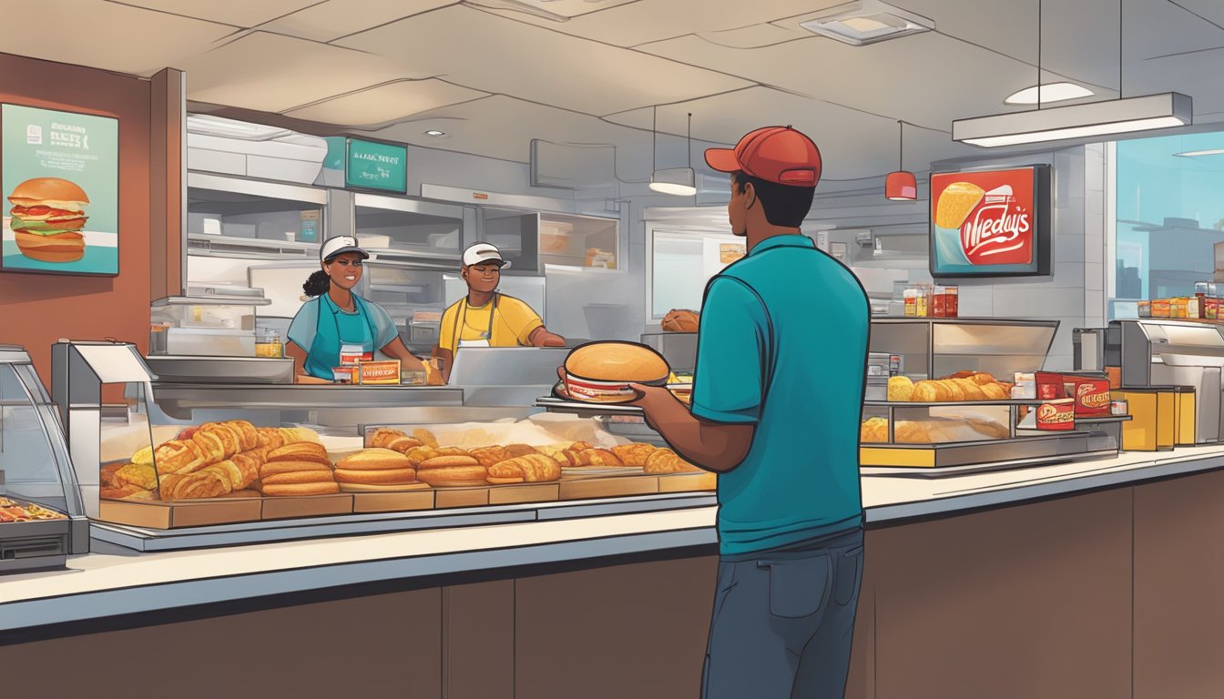 A person placing a large order at a Wendy's breakfast counter, with various breakfast items stacked on the counter and a cashier processing the order