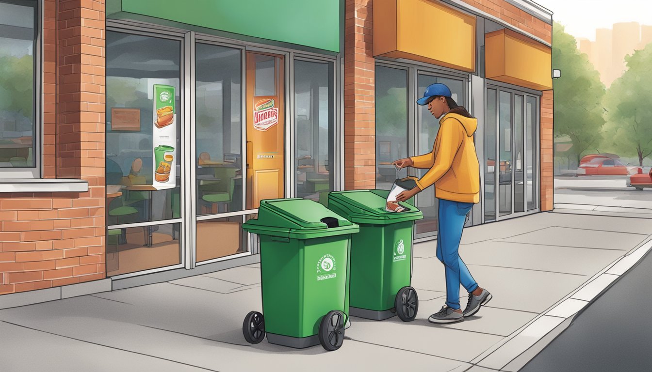 A person placing their empty Wendy's breakfast containers into a recycling bin outside the restaurant