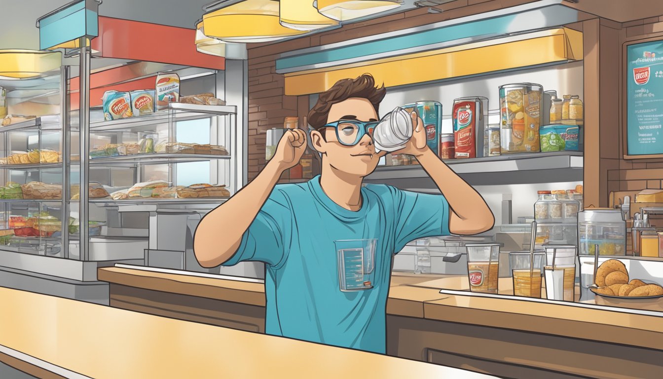 A person reaching for a glass of water instead of a soda at a Wendy's breakfast counter, with various breakfast items displayed in the background