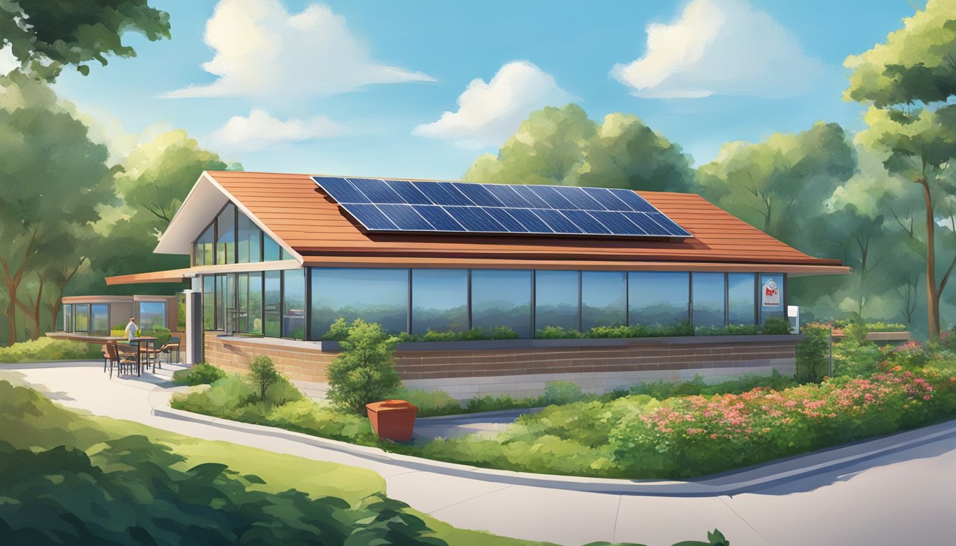 A Wendy's restaurant with solar panels on the roof, surrounded by greenery and a clear blue sky