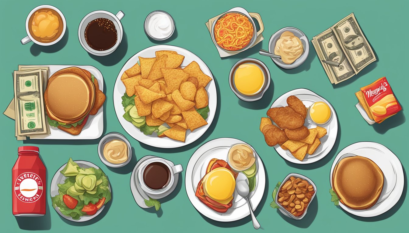 A table with a variety of Wendy's breakfast items displayed, surrounded by 11 money-saving tips