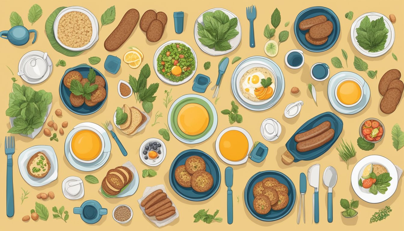 A breakfast table with 10 different plant-based sausage options creatively arranged alongside eco-friendly utensils and packaging