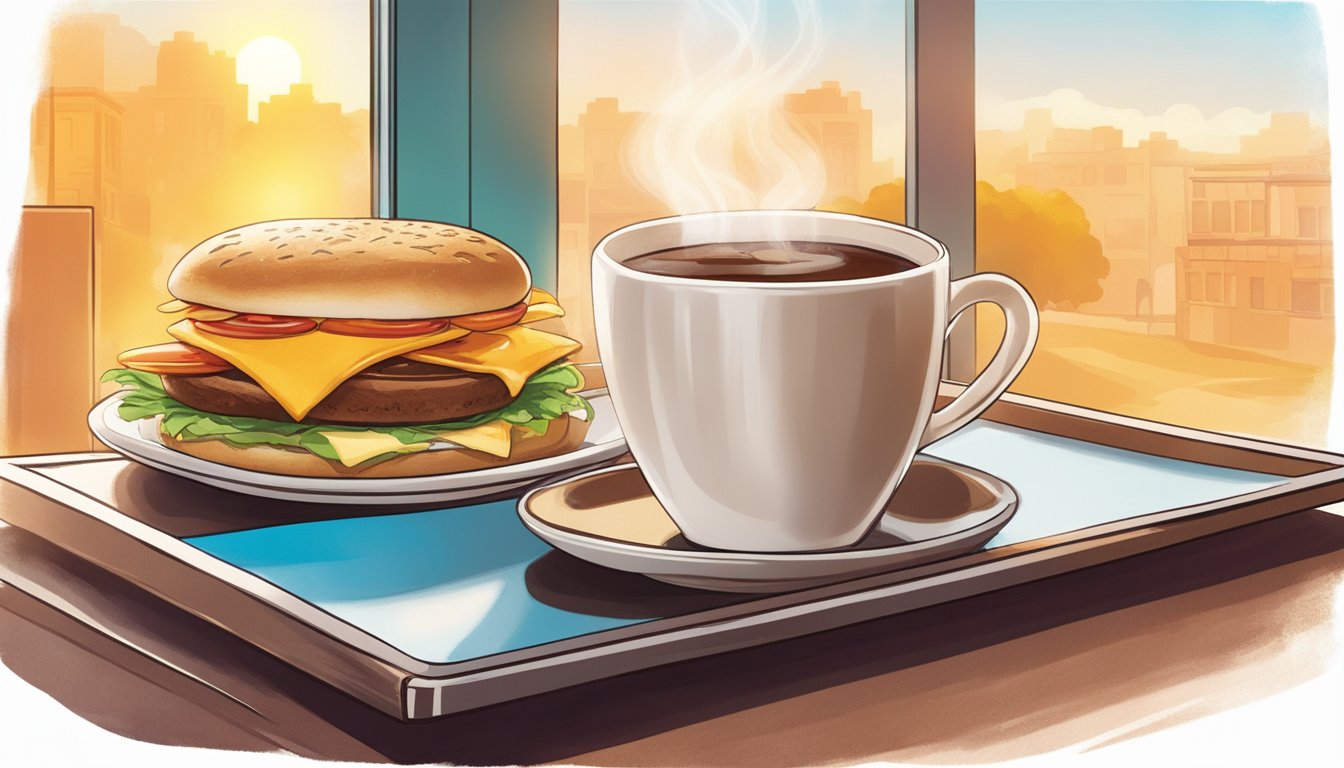 A steaming cup of coffee and a breakfast sandwich sit on a tray next to a colorful BK menu board. Sunrise filters through the window, casting a warm glow over the scene