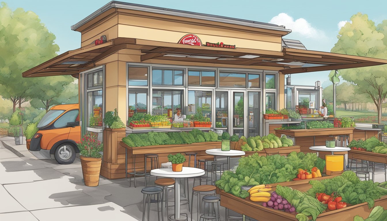 A bustling Wendy's breakfast scene with reusable cups, compostable packaging, and a recycling station. Solar panels on the roof and a garden with fresh produce