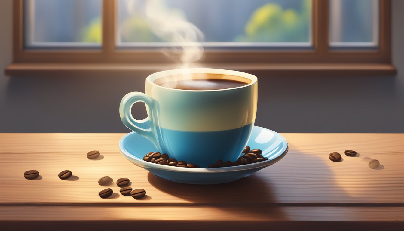 A steaming cup of coffee sits on a rustic wooden table, surrounded by a scattering of coffee beans and a soft morning light filtering through a window