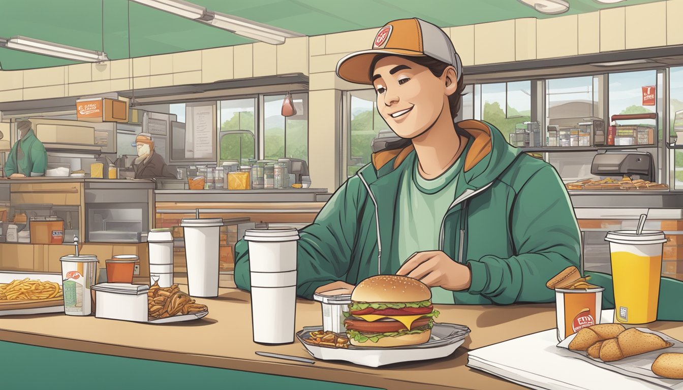 A person enjoying a breakfast at Wendy's while surrounded by eco-friendly packaging, reusable utensils, and a recycling station