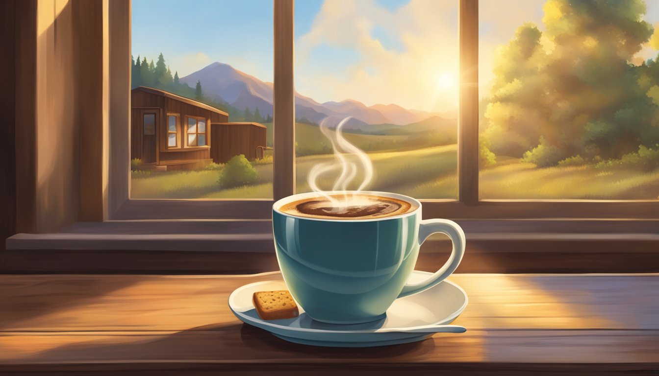 A steaming cup of Wendy's breakfast coffee sits on a rustic table, surrounded by morning sunlight filtering through a window, with a cozy and inviting atmosphere