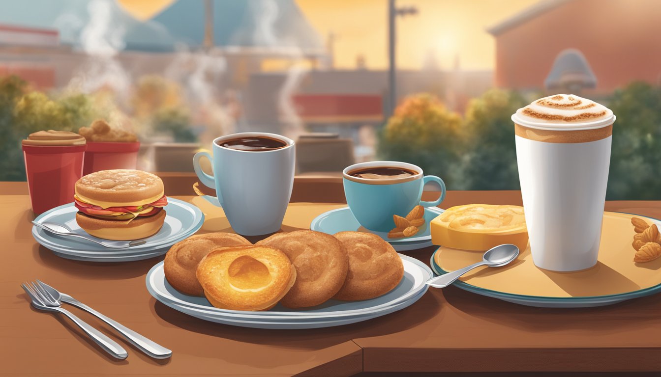 A steaming cup of Wendy's breakfast coffee sits next to a plate of delicious breakfast items, with a warm and inviting atmosphere in the background