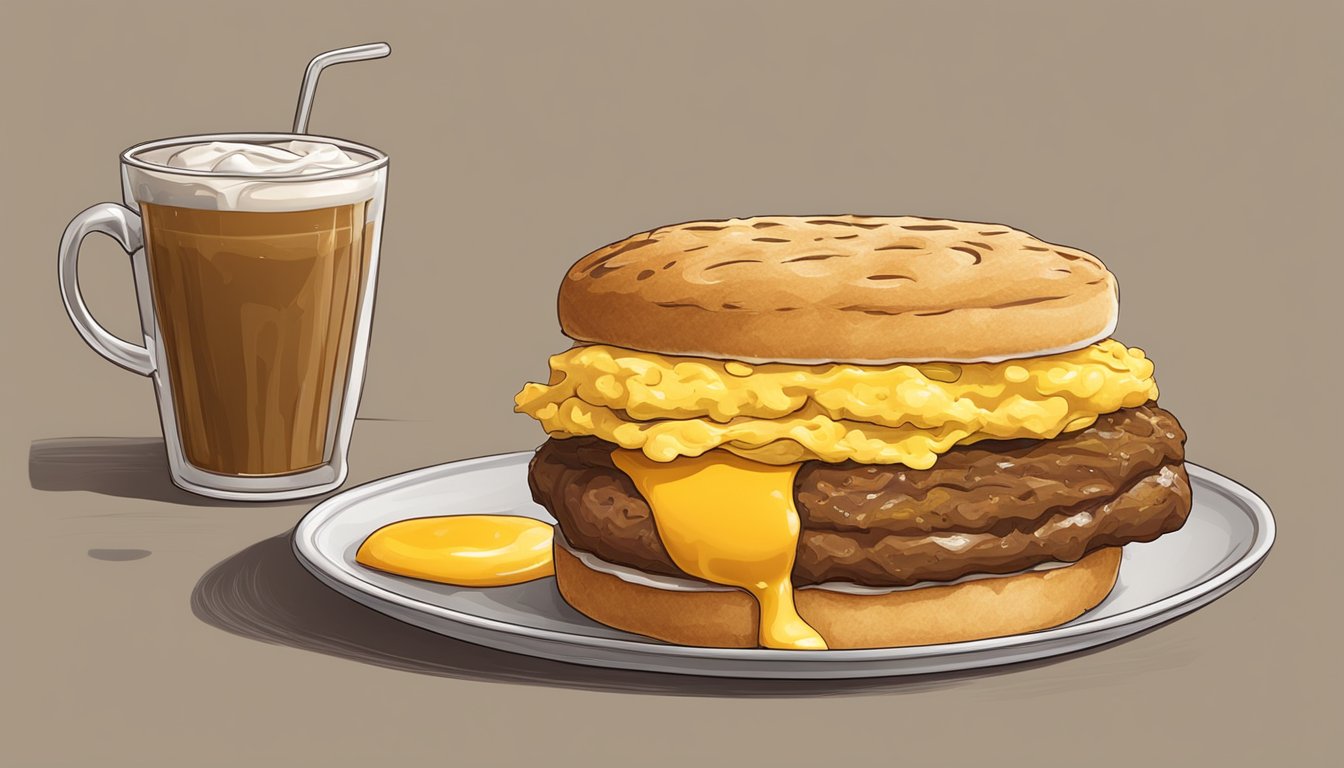 A golden-brown biscuit sandwich with a thick sausage patty, fluffy scrambled egg, and melted cheese oozing out