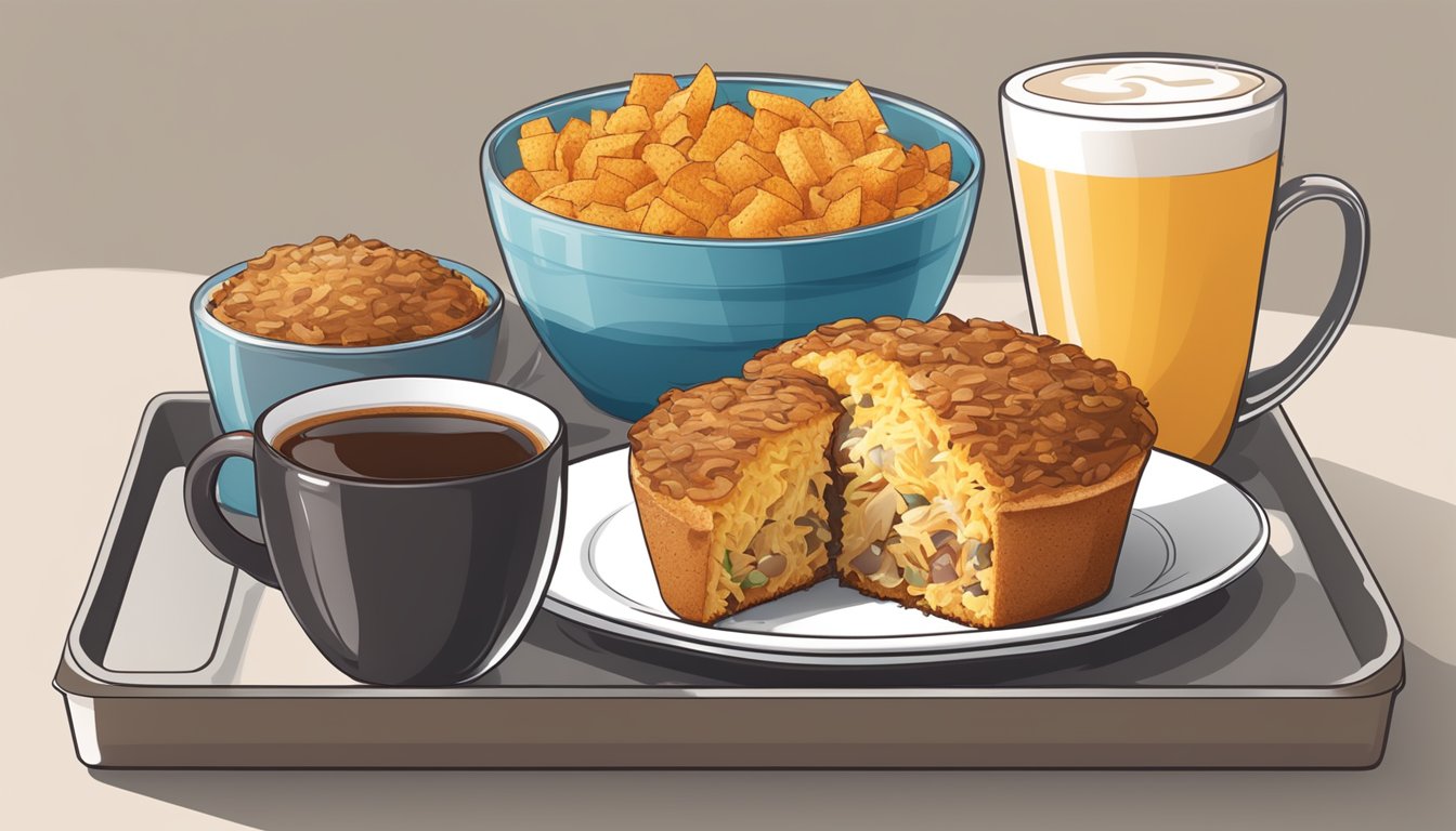 A mouth-watering BK Breakfast Muffin surrounded by a steaming cup of coffee and a side of crispy hash browns on a tray