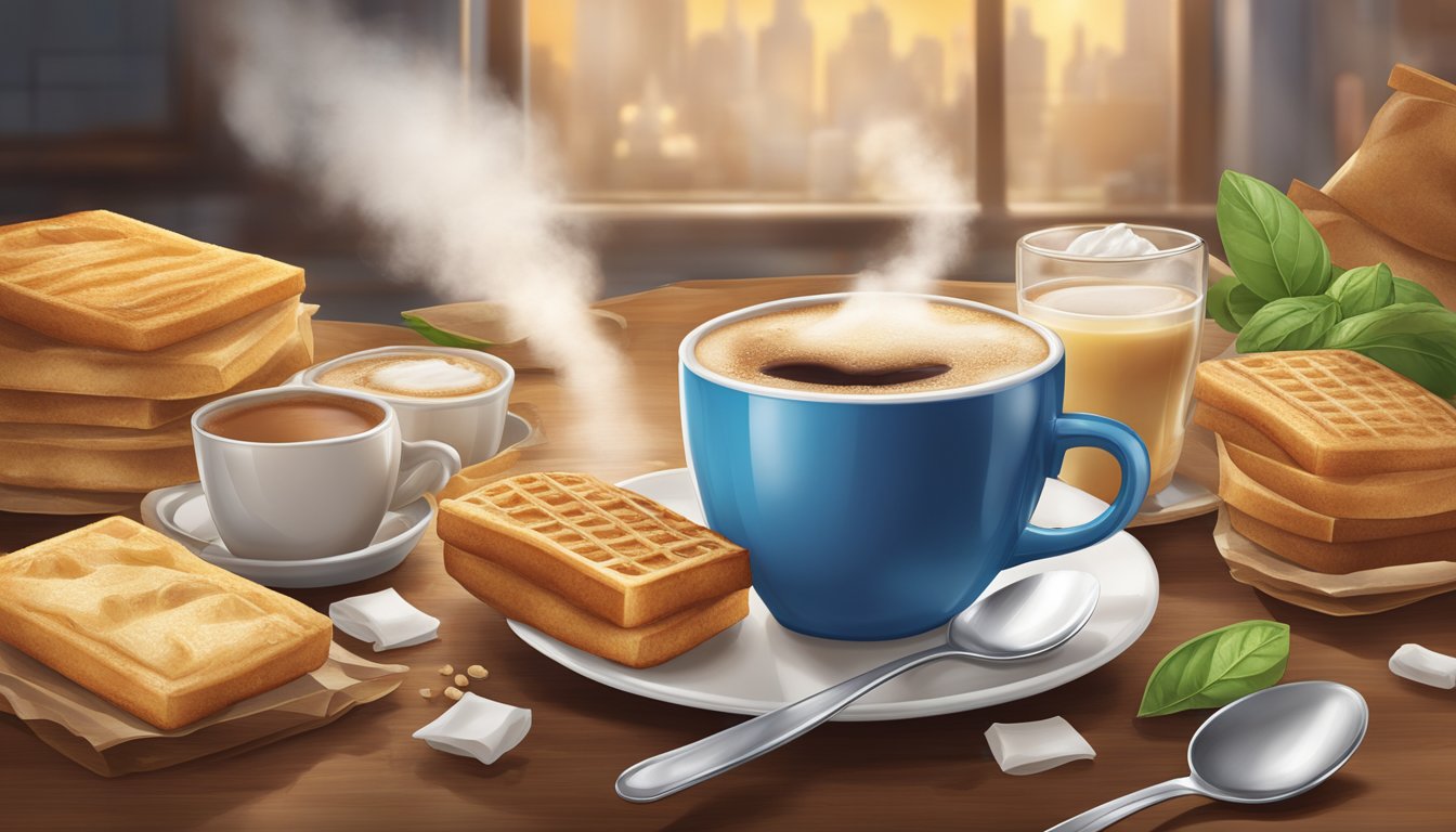 Steam rising from a freshly poured cup of Wendy's breakfast coffee, surrounded by high-quality ingredients like cream and sugar packets, a warm and inviting atmosphere