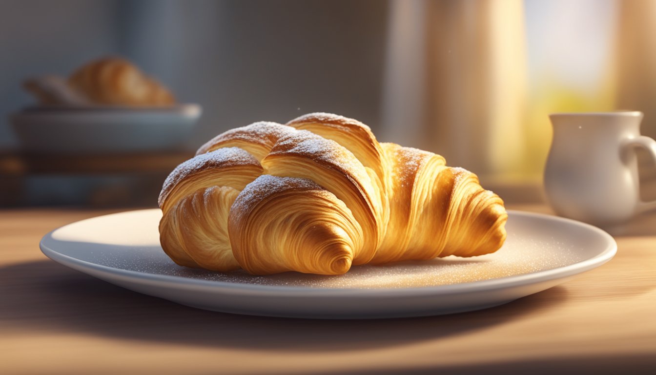 A golden, buttery croissant sits on a plate, flaky layers glistening in the sunlight. Steam rises from the warm pastry, inviting the viewer to take a bite