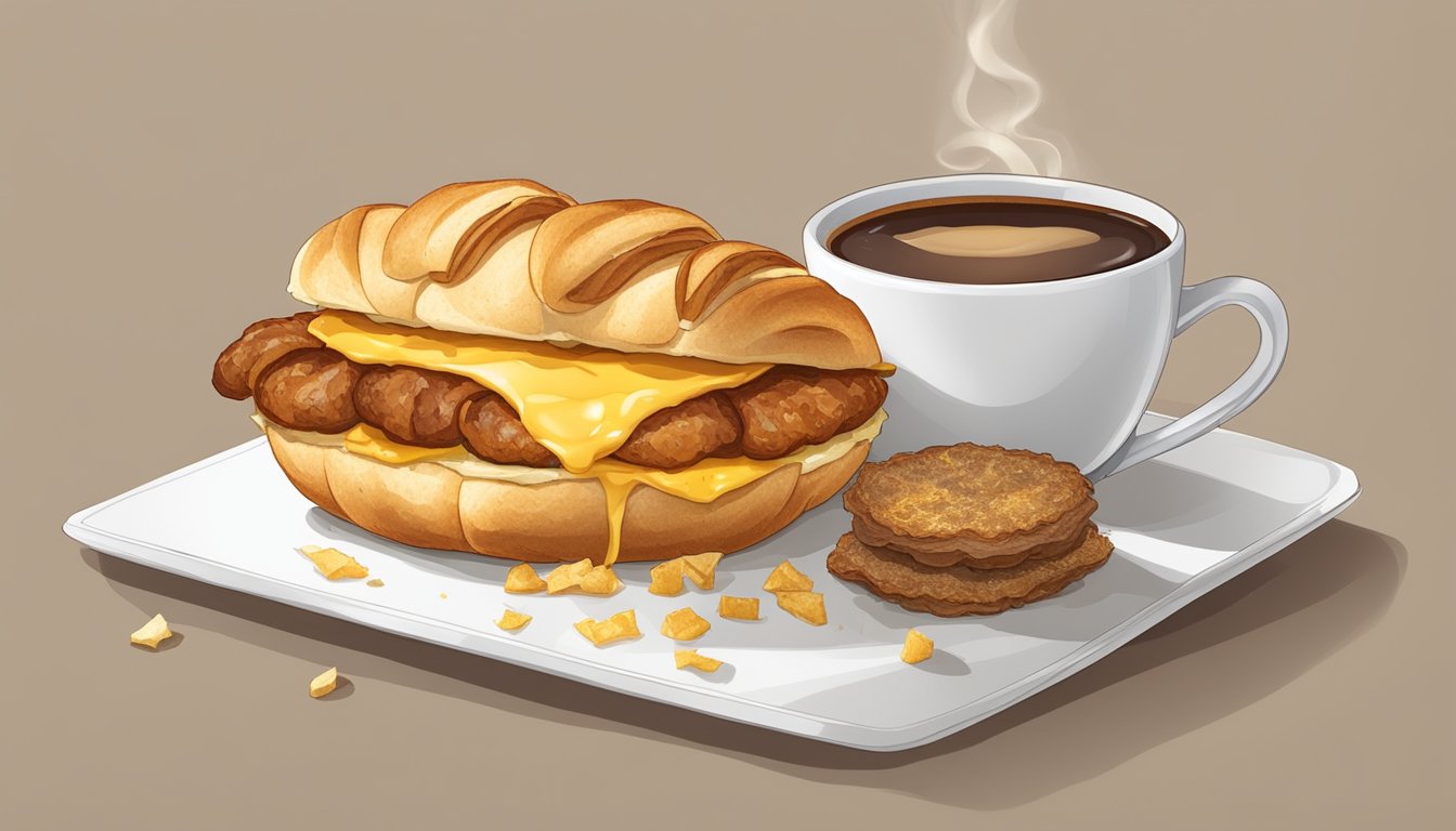 A golden, flaky croissant sandwich filled with savory sausage, melted cheese, and a perfectly cooked egg, surrounded by a steaming cup of coffee and a side of crispy hash browns