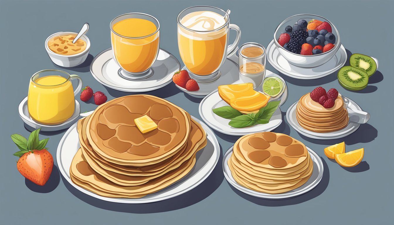 A colorful platter with seven unique breakfast items, including pancakes, is arranged on a table, ready to be served