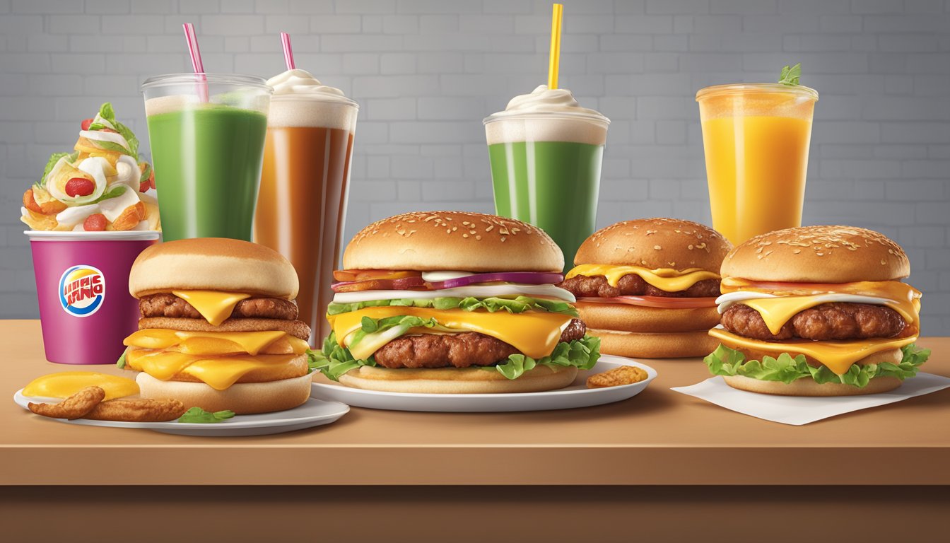 A colorful array of unique breakfast items from Burger King, including unexpected ingredients like plant-based sausage, syrup-infused pancakes, and savory croissant sandwiches