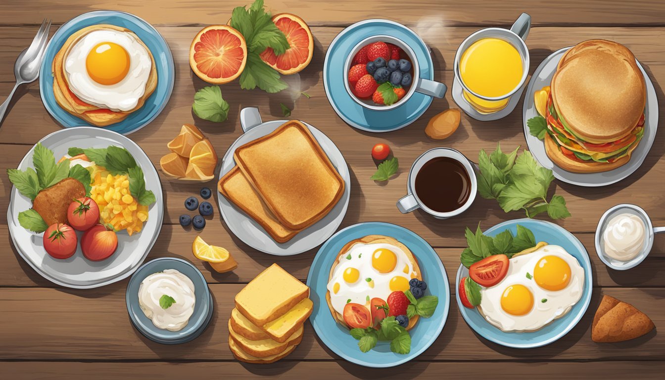 A colorful spread of 5 BK breakfast items arranged on a rustic wooden table, with fresh ingredients and steam rising from the food