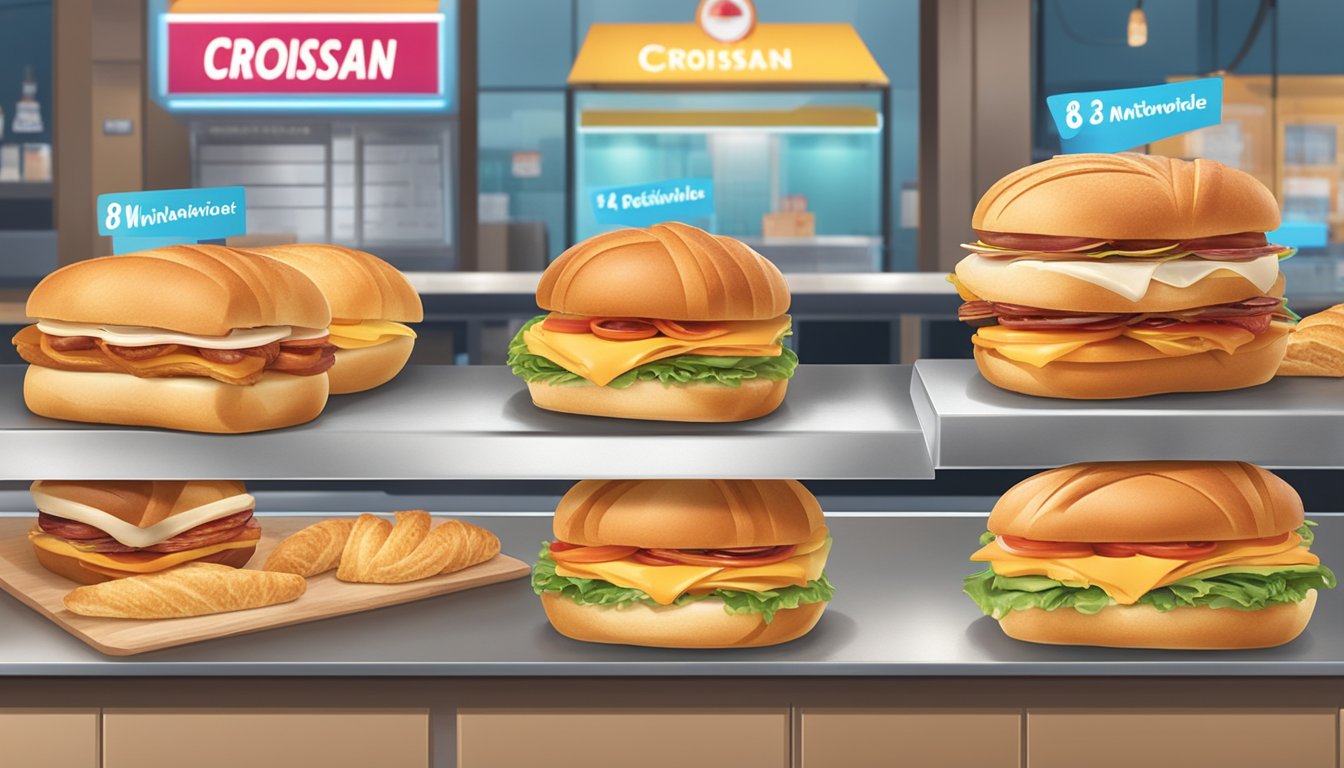 A colorful display of 8 different Croissan'wich variations arranged on a counter with a "Widely Available Nationwide" sign in the background