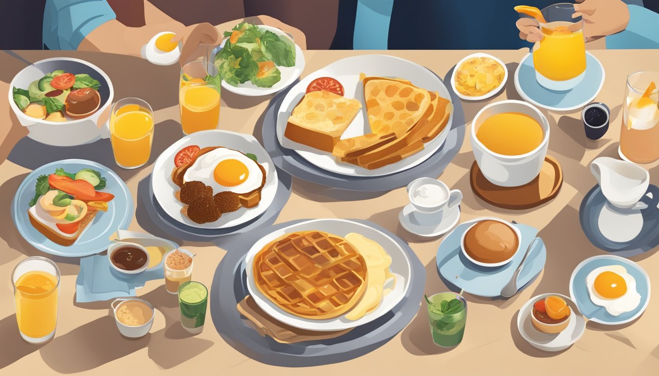 A table with a spread of 5 BK breakfast items, surrounded by diverse cultural symbols and landmarks