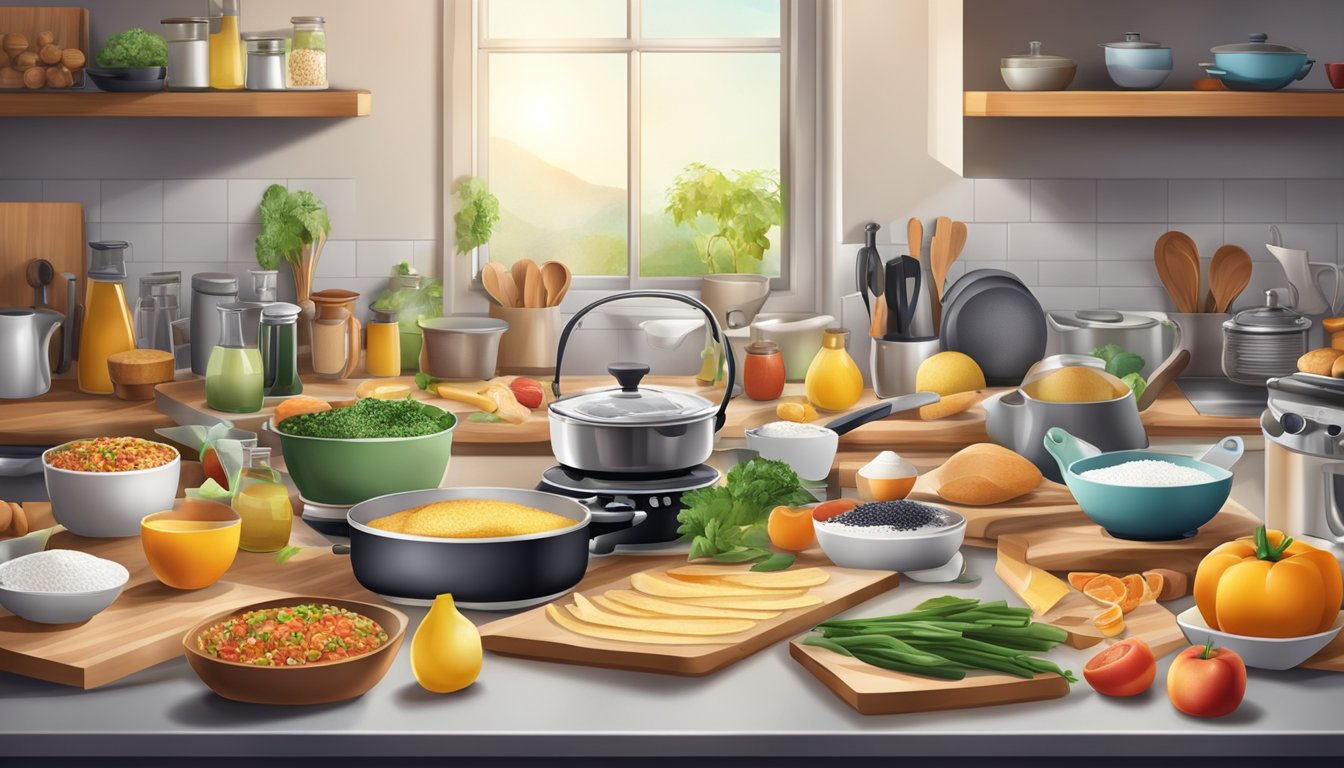 A kitchen filled with a variety of ingredients and cooking equipment, with several unique and innovative breakfast items being prepared on the counters and stovetop