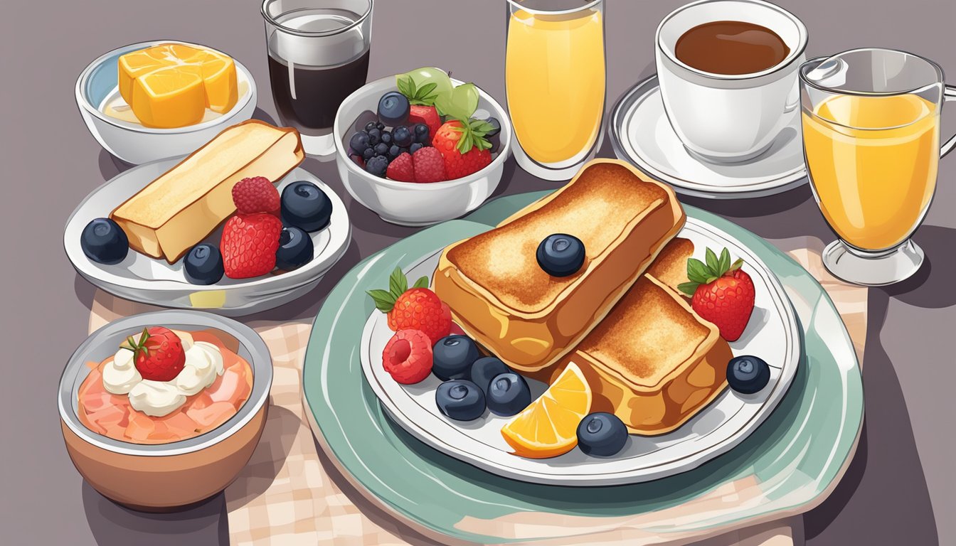 A plate of French toast bites with assorted fruits, surrounded by other breakfast items on a table