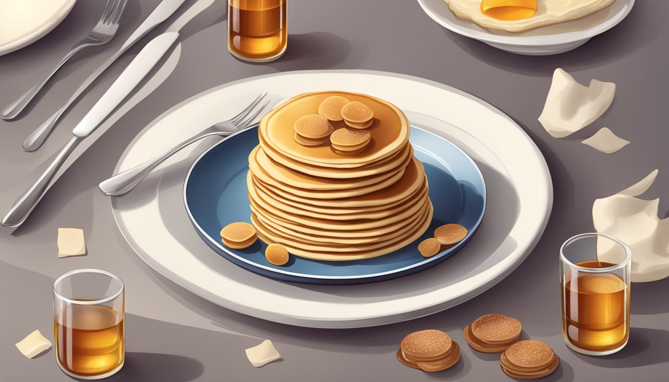 A plate with bite-sized pancakes, sausage pieces, and maple syrup