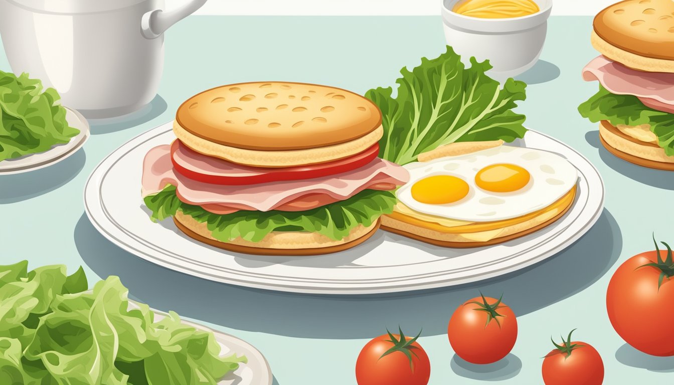 A golden-brown biscuit sandwich with layers of ham, egg, and cheese, surrounded by fresh green lettuce and ripe red tomato slices on a white plate