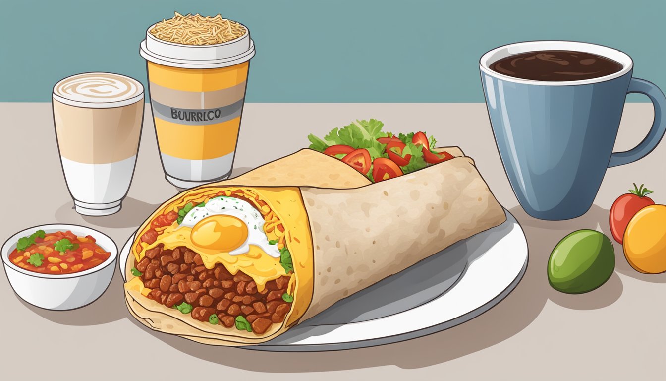 A giant burrito surrounded by ingredients like eggs, bacon, cheese, and salsa, with a side of hash browns and a cup of coffee