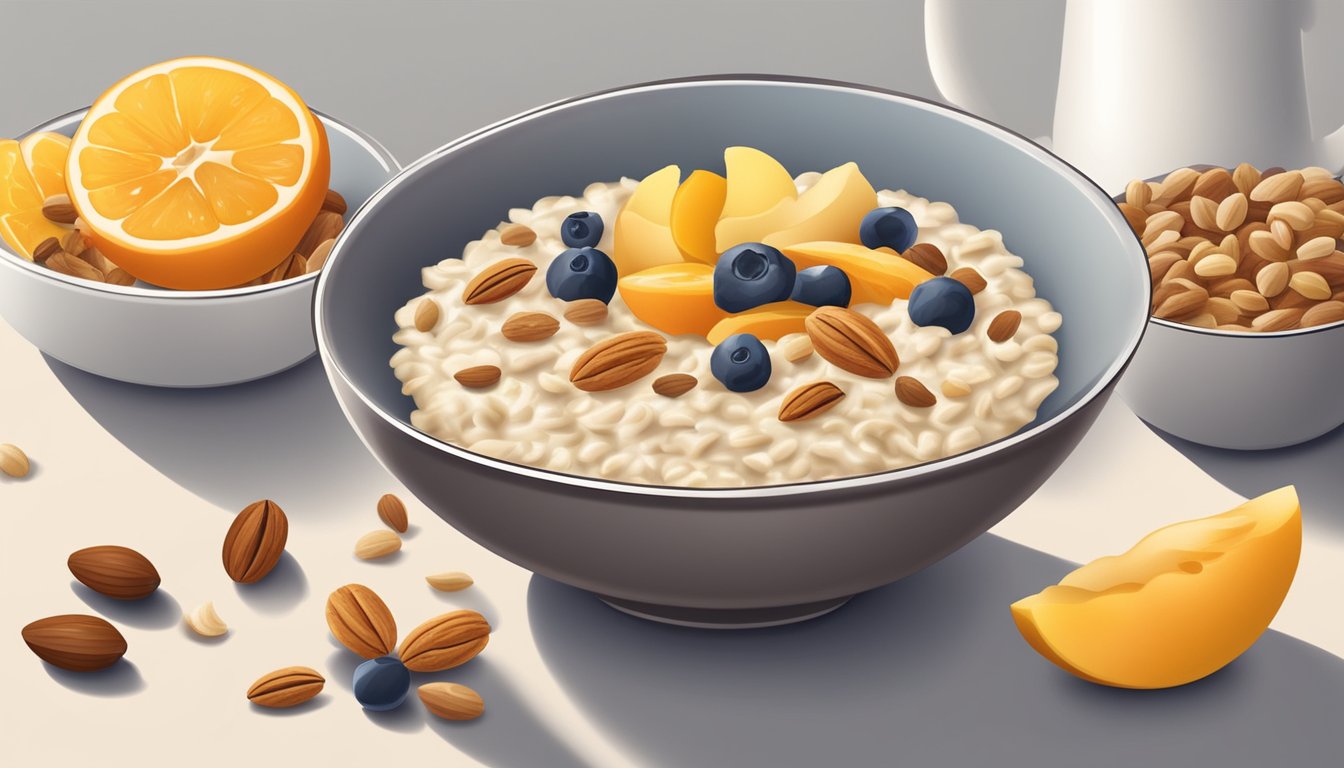 A bowl of oatmeal surrounded by fresh fruits and nuts on a breakfast table