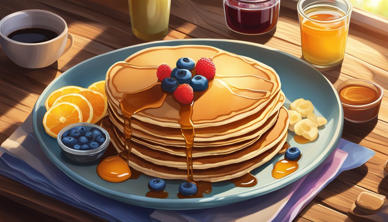 A colorful platter of pancakes, accompanied by various toppings and syrups, sits on a rustic wooden table. Sunlight streams through a nearby window, casting a warm glow on the scene