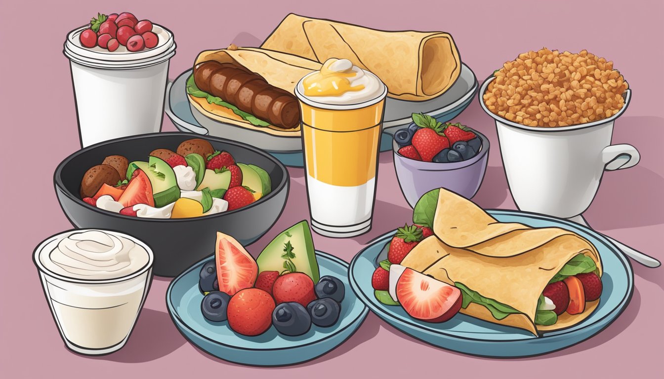 A colorful breakfast spread with a sausage burrito, fruit, yogurt, and whole grain options on a BK menu