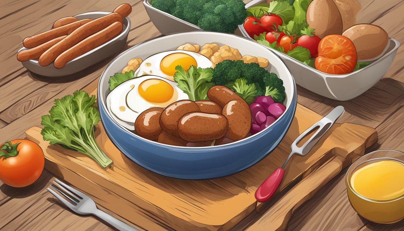 A colorful breakfast bowl with sausage, eggs, and vegetables arranged on a wooden table