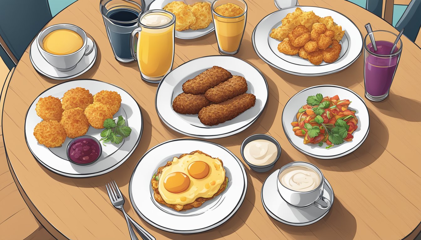 A breakfast menu with six hash brown options displayed on a table