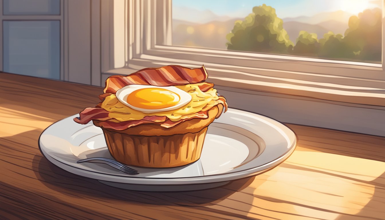 A bacon, egg, and cheese muffin sits on a white plate next to a cup of coffee on a wooden table. Sunlight streams in from a nearby window, casting a warm glow over the scene