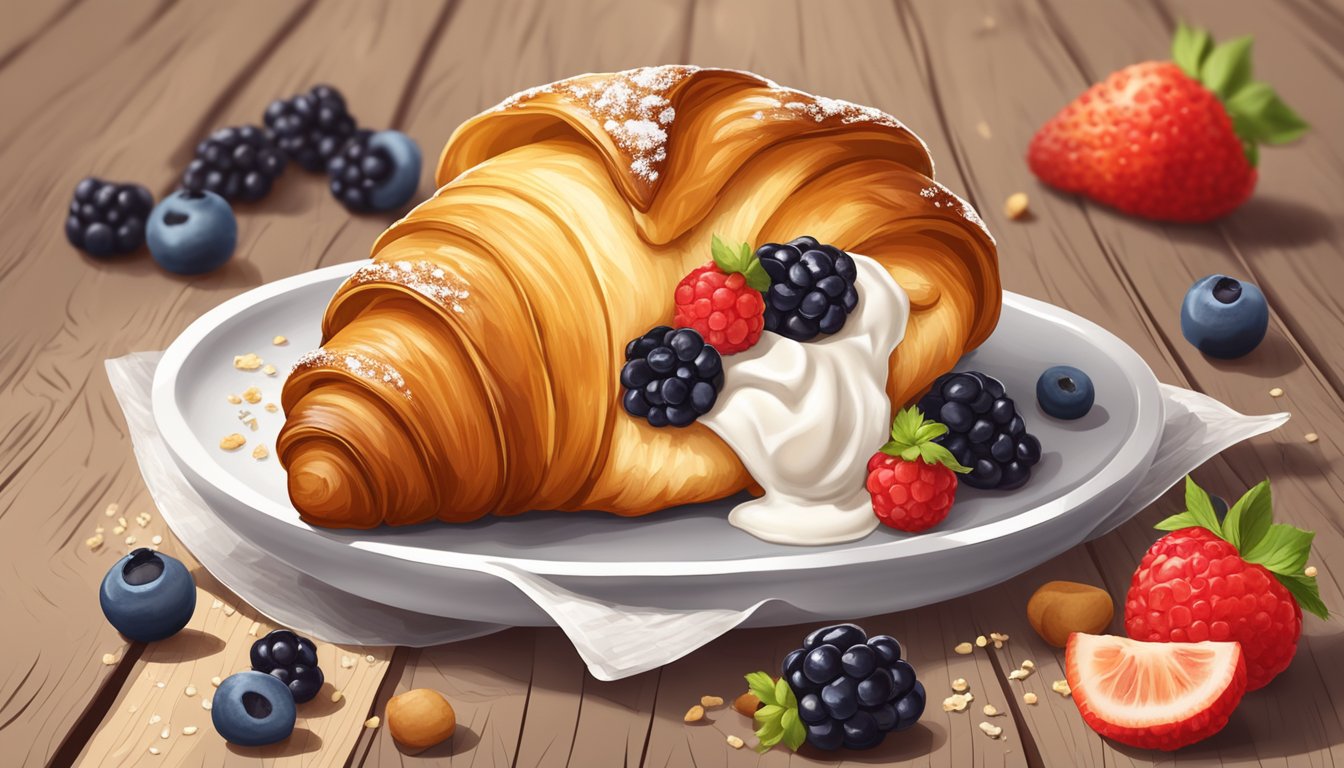 A golden-brown croissant oozing with sweet cream cheese, surrounded by crumbs and a scattering of berries on a rustic wooden table