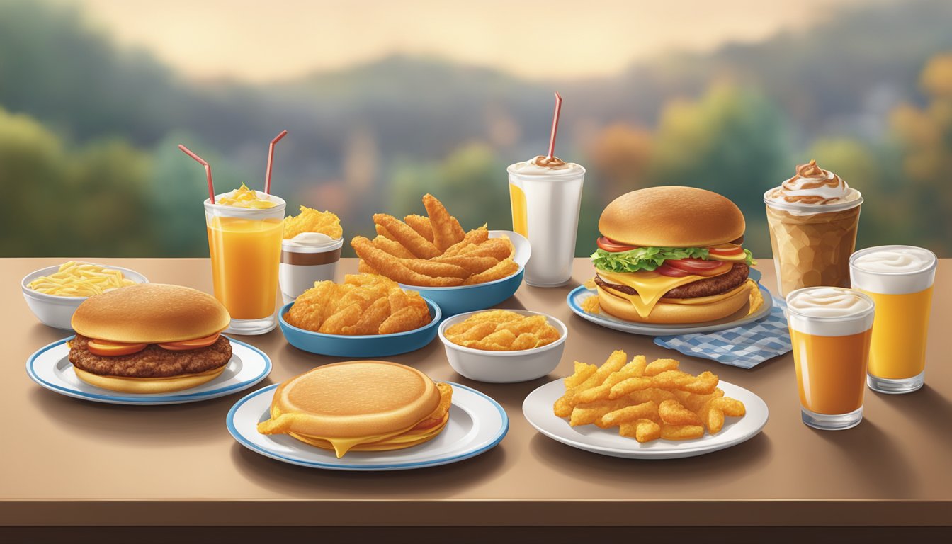 A table set with six different breakfast dishes from Burger King, including pancakes, croissant sandwiches, and hash browns