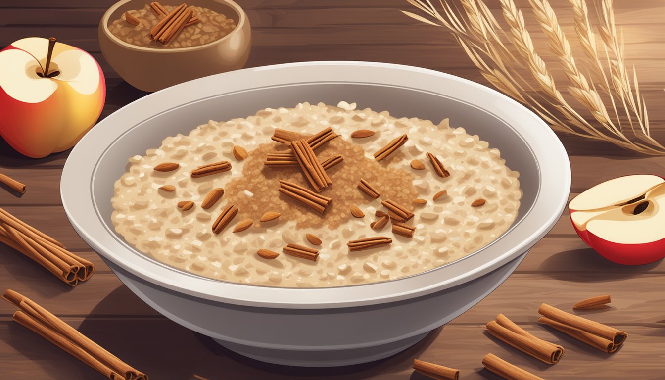 A steaming bowl of apple cinnamon oatmeal sits on a rustic wooden table, surrounded by scattered oats and cinnamon sticks