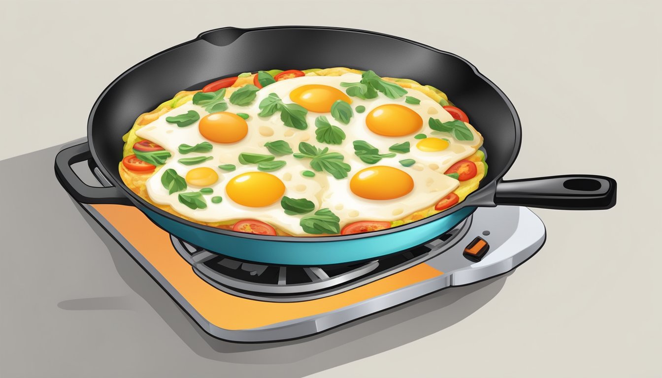 A colorful vegetable and egg white omelette sizzling in a hot skillet on a stovetop